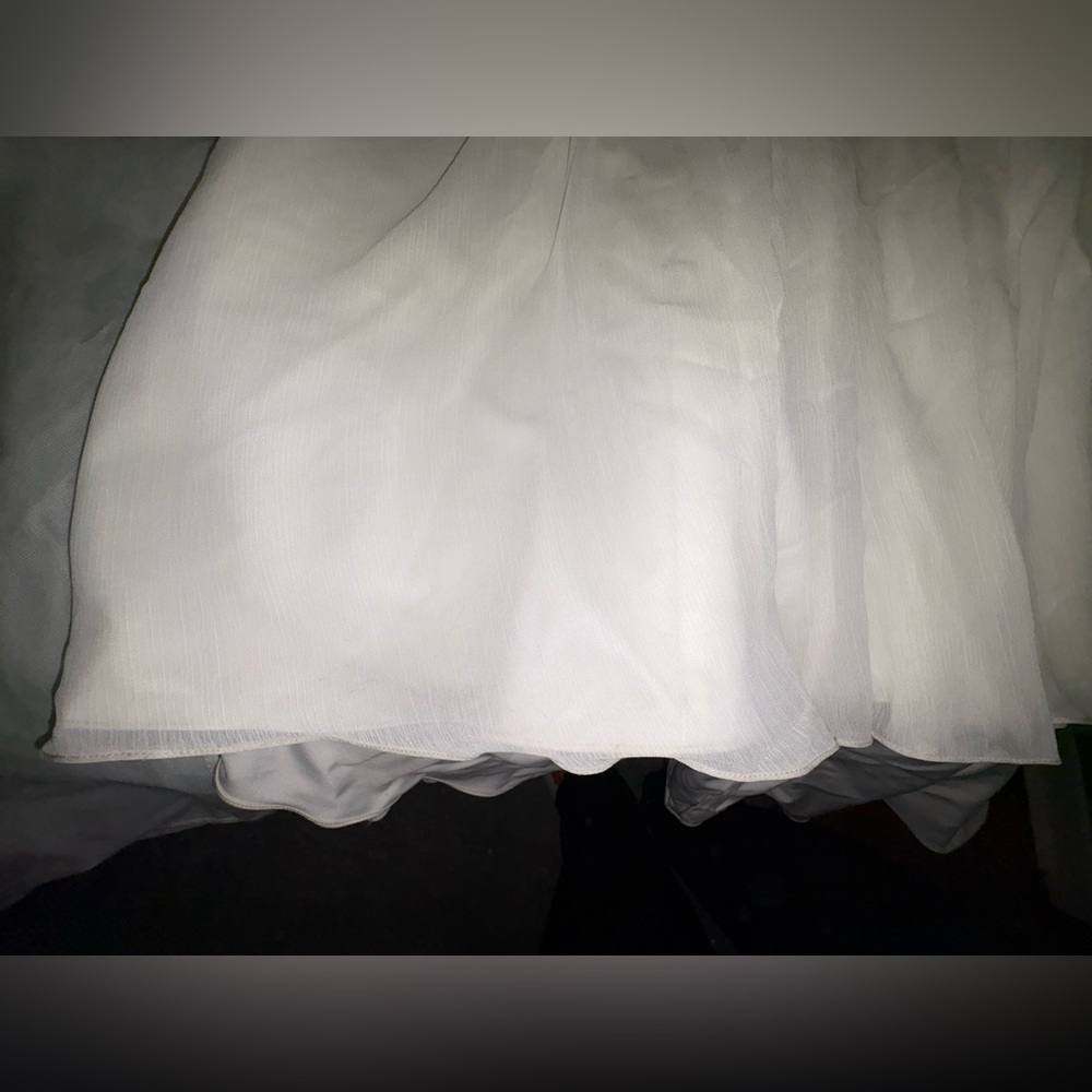 David's Bridal White Long Sleeve Chiffon Wedding Dress with Beaded Belt - Picture 10 of 12